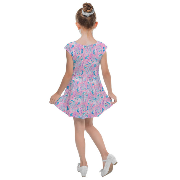 Girls Cap Sleeve Pleated Dress - Neon Floral Jellyfish