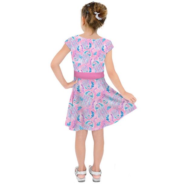 Girls Short Sleeve Skater Dress - Neon Floral Jellyfish