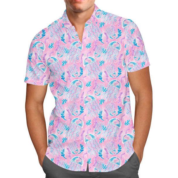 Men's Button Down Short Sleeve Shirt - Neon Floral Jellyfish