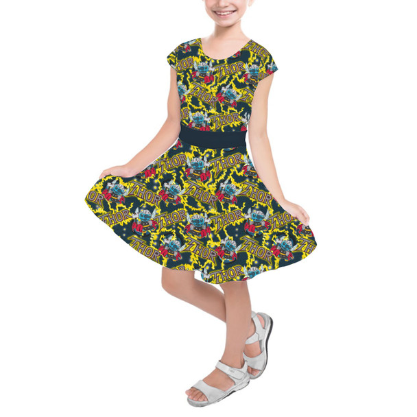 Girls Short Sleeve Skater Dress - Superhero Stitch - Thor