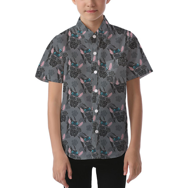 Kids' Button Down Short Sleeve Shirt - Superhero Stitch - Black Panther