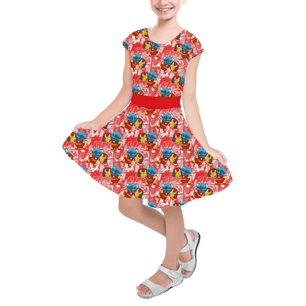 Girls Short Sleeve Skater Dress - Superhero Stitch - Ironman