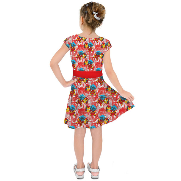 Girls Short Sleeve Skater Dress - Superhero Stitch - Ironman