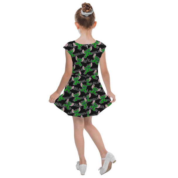 Girls Cap Sleeve Pleated Dress - Superhero Stitch - Hulk