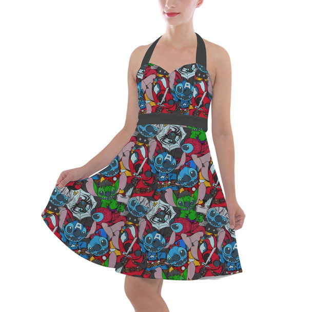 Halter Vintage Style Dress - Superhero Stitch - All Heroes Stacked