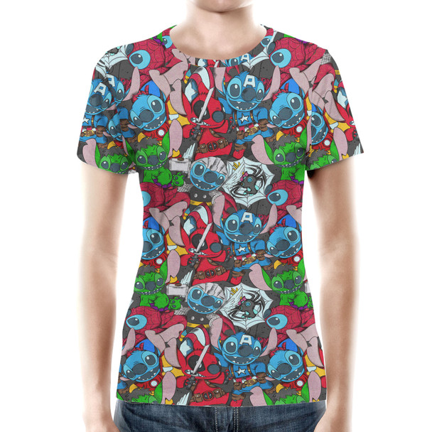 Women's Cotton Blend T-Shirt - Superhero Stitch - All Heroes Stacked