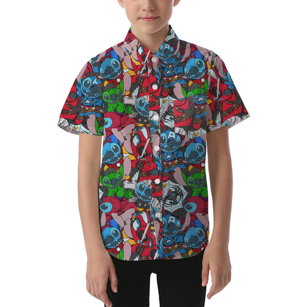 Kids' Button Down Short Sleeve Shirt - Superhero Stitch - All Heroes Stacked