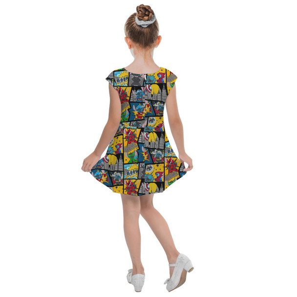 Girls Cap Sleeve Pleated Dress - Superhero Stitch - Comic Book