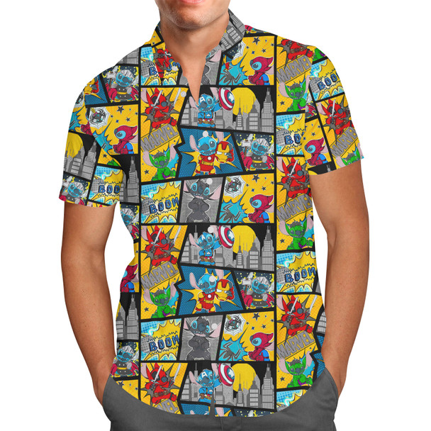 Men's Button Down Short Sleeve Shirt - Superhero Stitch - Comic Book