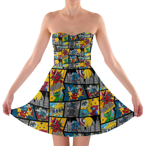 Sweetheart Strapless Skater Dress - Superhero Stitch - Comic Book