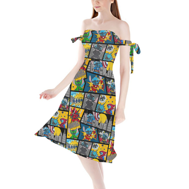 Strapless Bardot Midi Dress - Superhero Stitch - Comic Book