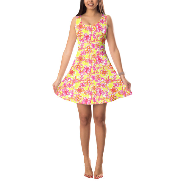Sleeveless Flared Dress - Neon Tropical Floral Mickey & Friends