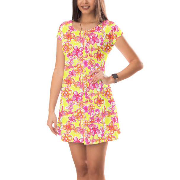 Short Sleeve Dress - Neon Tropical Floral Mickey & Friends
