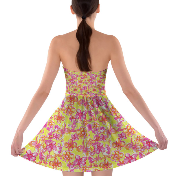 Sweetheart Strapless Skater Dress - Neon Tropical Floral Mickey & Friends