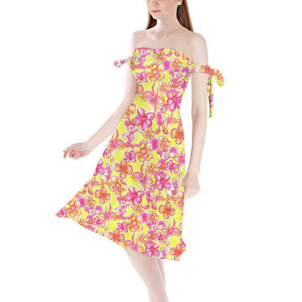 Strapless Bardot Midi Dress - Neon Tropical Floral Mickey & Friends