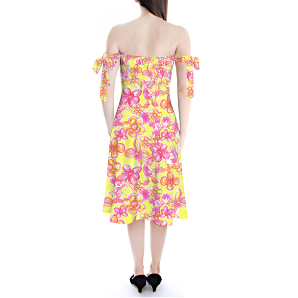 Strapless Bardot Midi Dress - Neon Tropical Floral Mickey & Friends