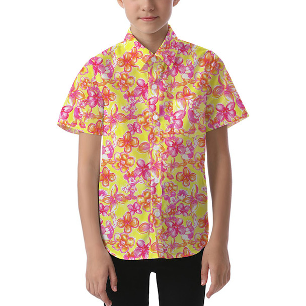 Kids' Button Down Short Sleeve Shirt - Neon Tropical Floral Mickey & Friends