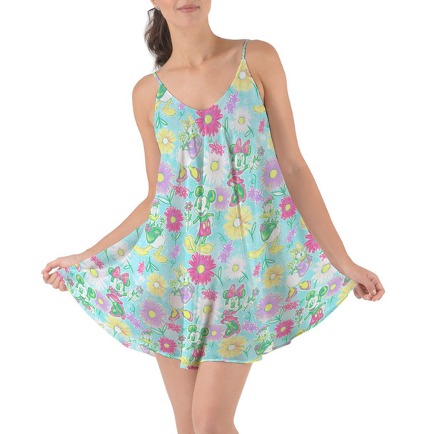 Beach Cover Up Dress - Neon Spring Floral Mickey & Friends