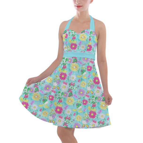 Halter Vintage Style Dress - Neon Spring Floral Mickey & Friends