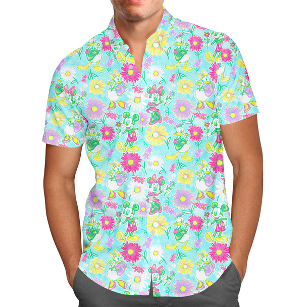 Men's Button Down Short Sleeve Shirt - Neon Spring Floral Mickey & Friends