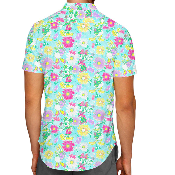 Men's Button Down Short Sleeve Shirt - Neon Spring Floral Mickey & Friends
