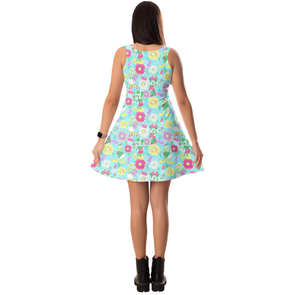 Sleeveless Flared Dress - Neon Spring Floral Mickey & Friends