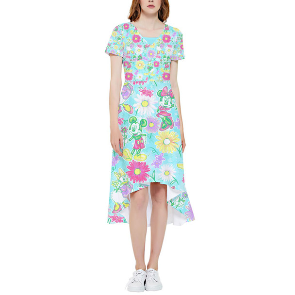 High Low Midi Dress - Neon Spring Floral Mickey & Friends