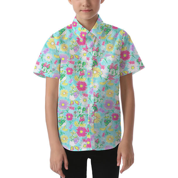 Kids' Button Down Short Sleeve Shirt - Neon Spring Floral Mickey & Friends