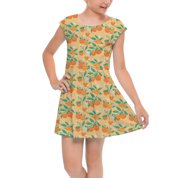Girls Cap Sleeve Pleated Dress - Hidden Mickey Oranges