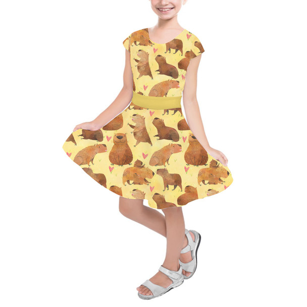 Girls Short Sleeve Skater Dress - Capybara Love