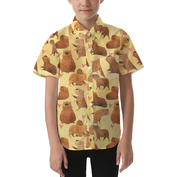 Kids' Button Down Short Sleeve Shirt - Capybara Love