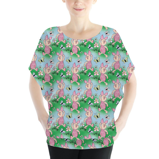 Batwing Chiffon Top - Sketched Piglet and Butterflies