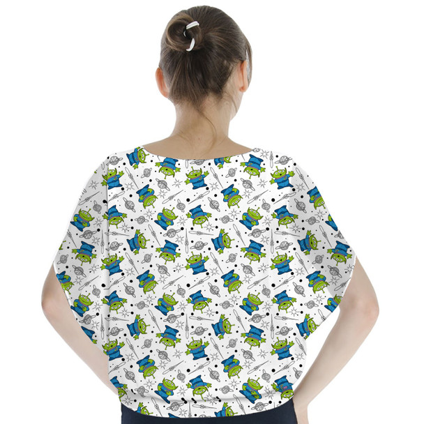 Batwing Chiffon Top - Little Green Aliens on White