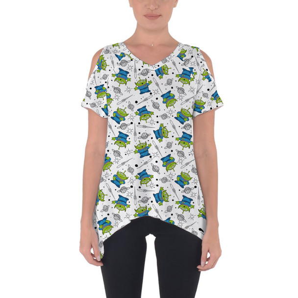 Cold Shoulder Tunic Top - Little Green Aliens on White