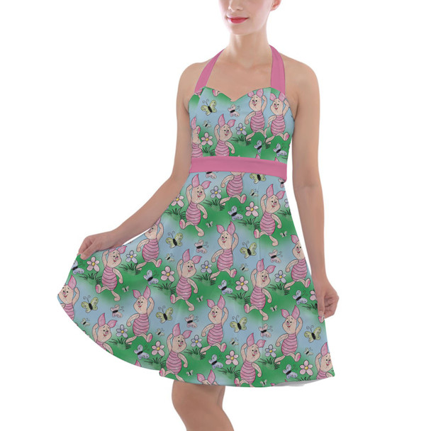 Halter Vintage Style Dress - Sketched Piglet and Butterflies