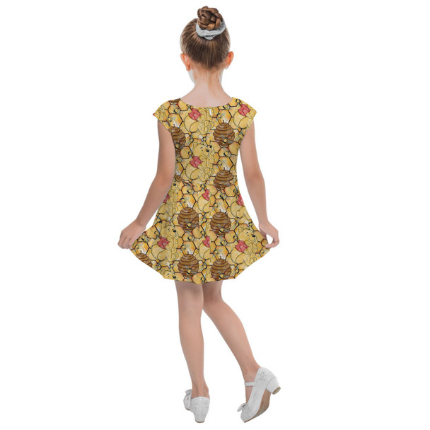 Girls Cap Sleeve Pleated Dress - Sketched Pooh in the Honey Tree