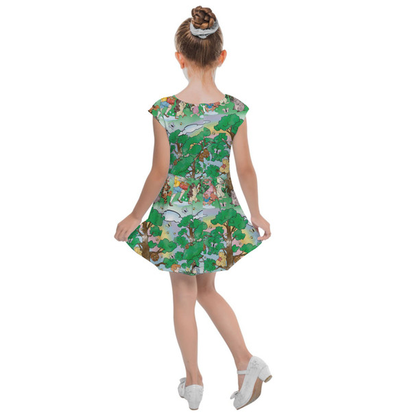 Girls Cap Sleeve Pleated Dress - Sketched Pooh Parade