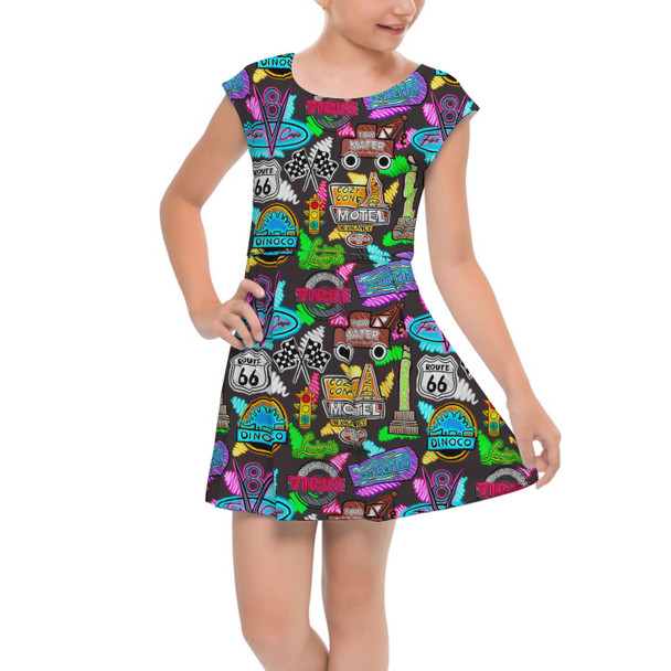 Girls Cap Sleeve Pleated Dress - Neon Radiator Springs