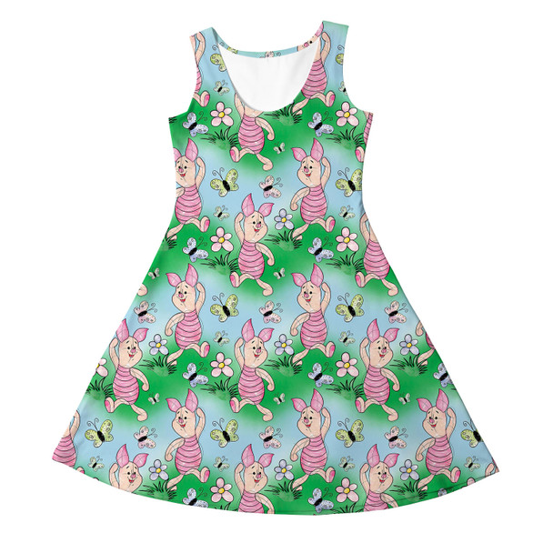 Girls Sleeveless Dress - Sketched Piglet and Butterflies