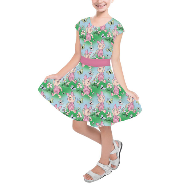 Girls Short Sleeve Skater Dress - Sketched Piglet and Butterflies