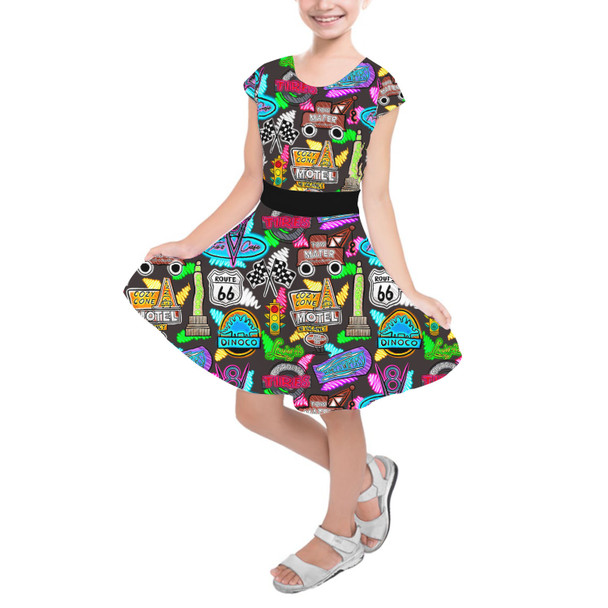 Girls Short Sleeve Skater Dress - Neon Radiator Springs