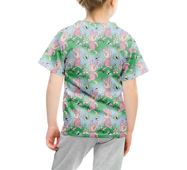 Youth Cotton Blend T-Shirt - Sketched Piglet and Butterflies