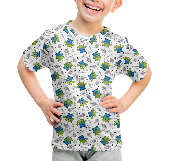 Youth Cotton Blend T-Shirt - Little Green Aliens on White