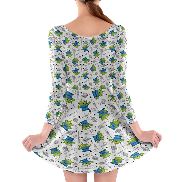 Longsleeve Skater Dress - Little Green Aliens on White