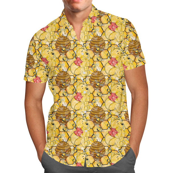 Men's Button Down Short Sleeve Shirt - Sketched Pooh in the Honey Tree
