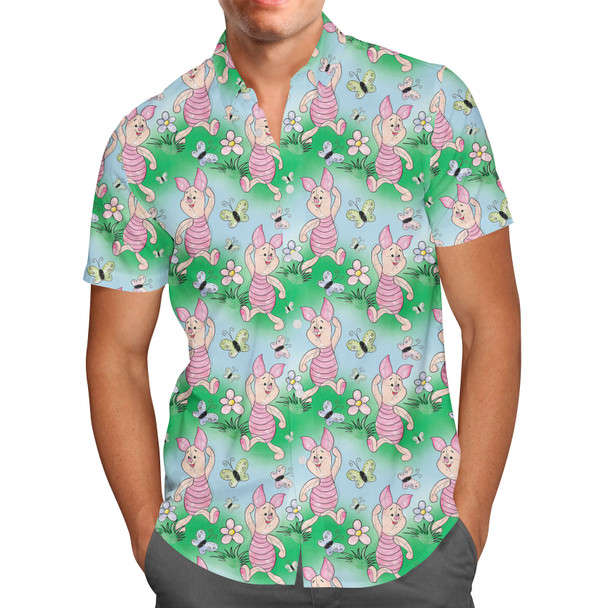 Men's Button Down Short Sleeve Shirt - Sketched Piglet and Butterflies