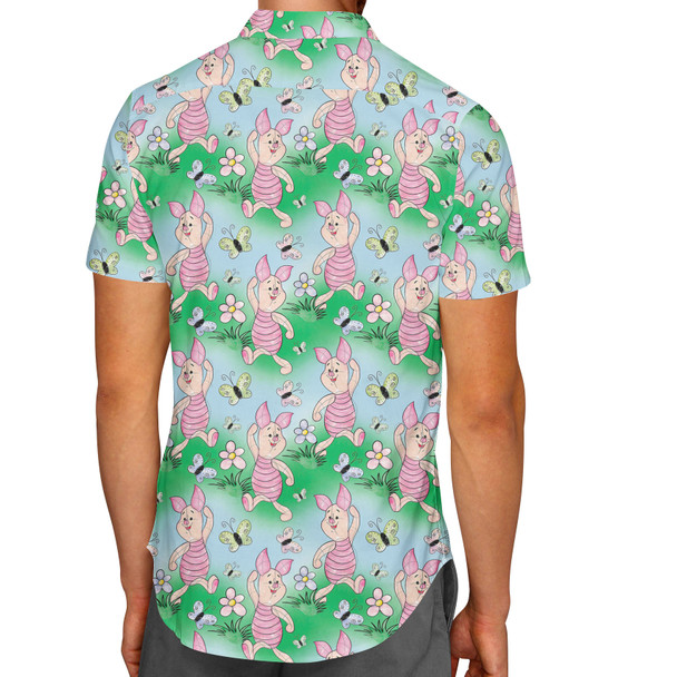 Men's Button Down Short Sleeve Shirt - Sketched Piglet and Butterflies