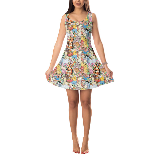 Sleeveless Flared Dress - Sketched Pooh Characters