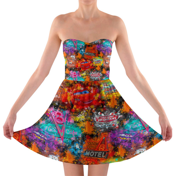 Sweetheart Strapless Skater Dress - Watercolor Pixar Cars