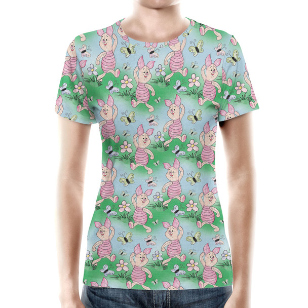 Women's Cotton Blend T-Shirt - Sketched Piglet and Butterflies